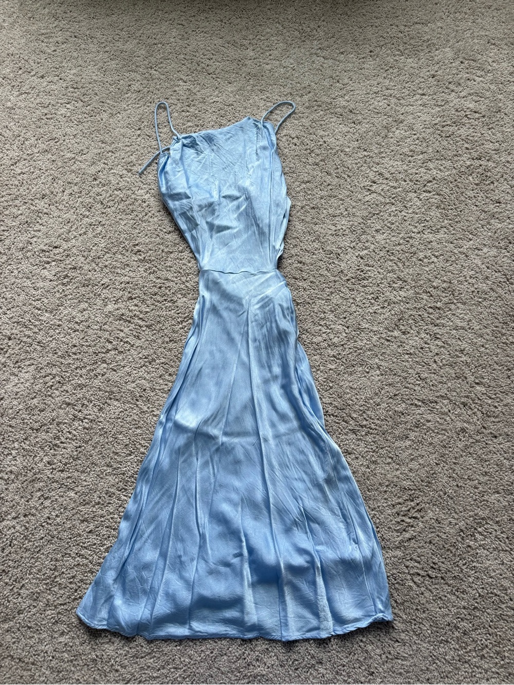 Silk satin dress swoop neck light blue